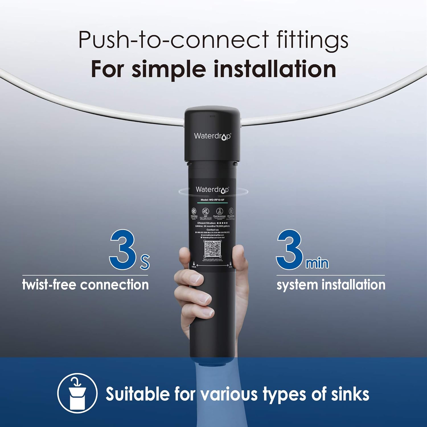 Waterdrop 15UB-UF Under Sink Water Filter System, 0.01 Micron Ultra Filtration Under Counter Drinking Water Filtration System, with Dedicated Brushed Nickel Faucet, 16K High Capacity, USA Tech - - 