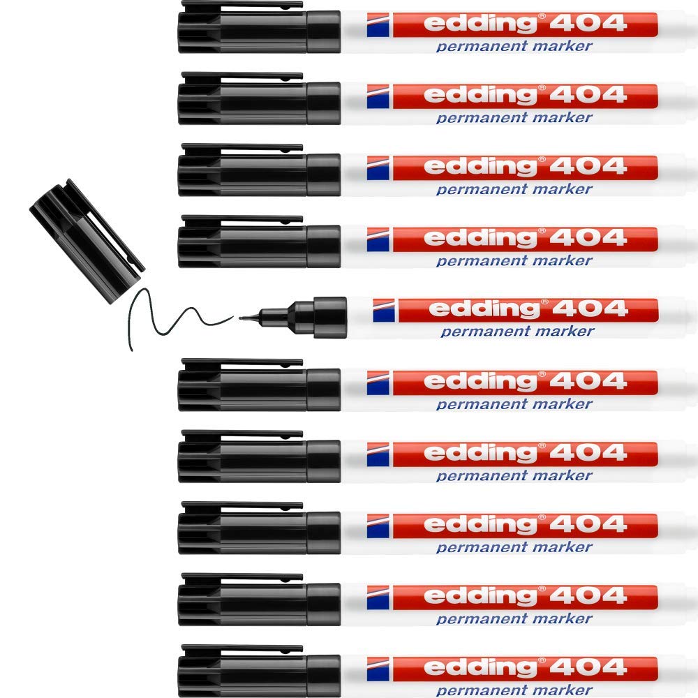 edding 404 permanent marker - black - 10 pens - fine round tip 0.75 mm - waterproof, quick-drying, smear-proof pens - for cardboard, plastic, wood, metal, glass and fabric