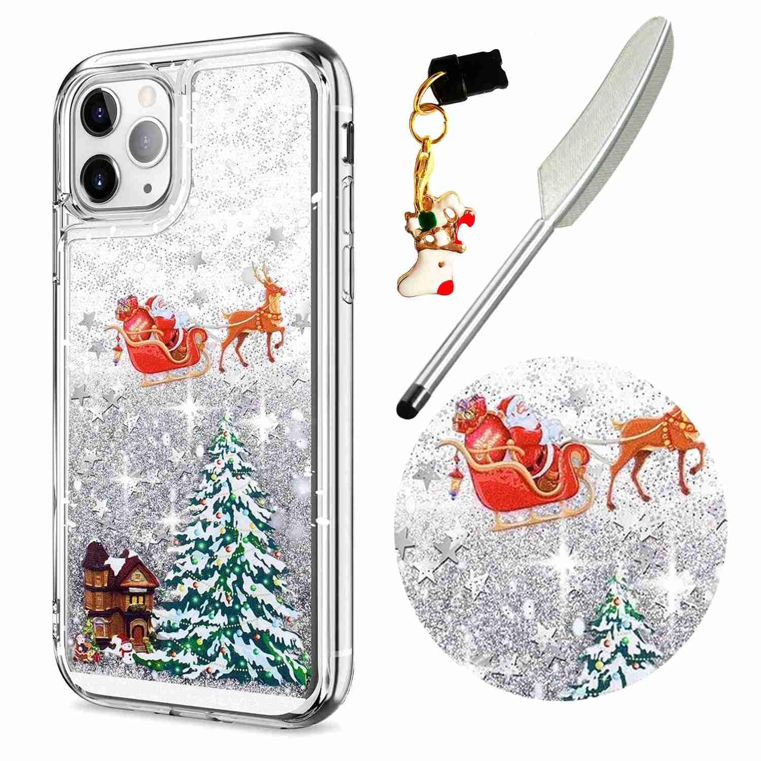 Reevermap iPhone 16 Pro Max Case Christmas Phone Case, Protective Clear Shiny Glitter Liquid Floating Soft Silicone Xmas Santa Claus Cover for iPhone 16 Pro Max & 1 Touch Pen & 1 Dust Plug, Silver