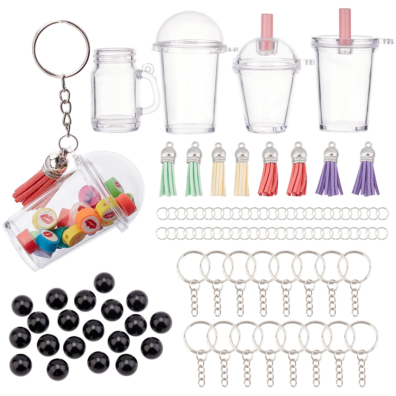 SUNNYCLUE 118Pcs Mini Cup Keychain making Kit Including Faux Suede Tassel Charms Milk Tea Cup Pendants Round Beads keyrings & Jump Rings Jewellery findings for DIY Keychain Decor Making Crafting