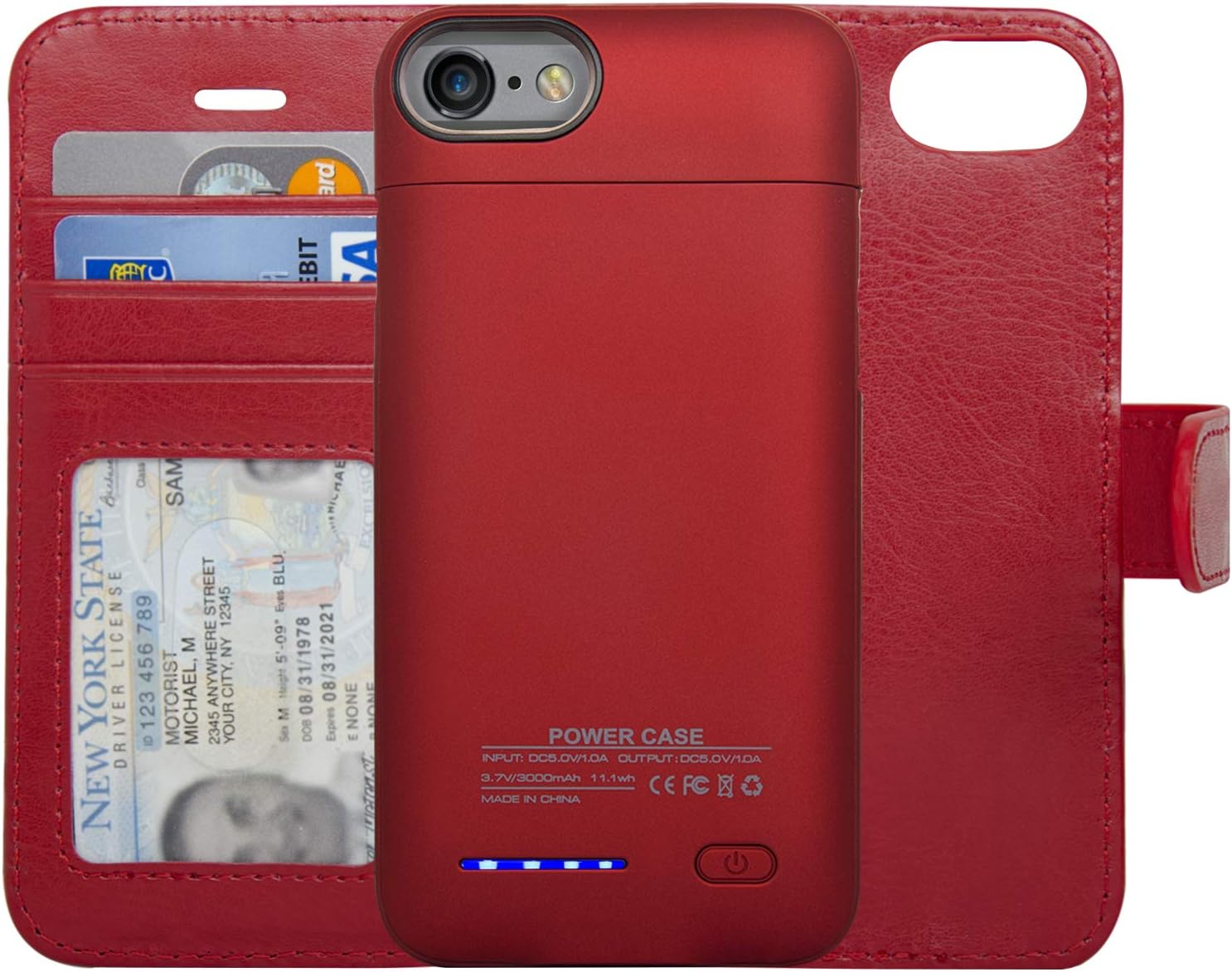 navor RFID Folio Wallet Magnetic Detachable Power Battery Case 3000mAh Compatible for iPhone 6/7 / 8 [4.7 Inch] - Red