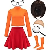 HMPRT Halloween Costume for Women,Brown Bob Wig,Long Sleeve Turtleneck Crop Top,Skater Skirt