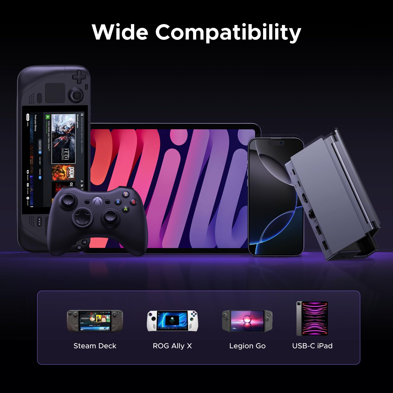 UGREEN Steam Deck Dock mit HDMI 4K@120Hz, Verstellbares Docking Station mit 5Gbps USB A & USB C 3.0, 100W PD-Ladung, 1Gbps Ethernet, Kompatibel mit Steam Deck, OLED, ROG Xbox Ally, Legion go, MSI Claw 8