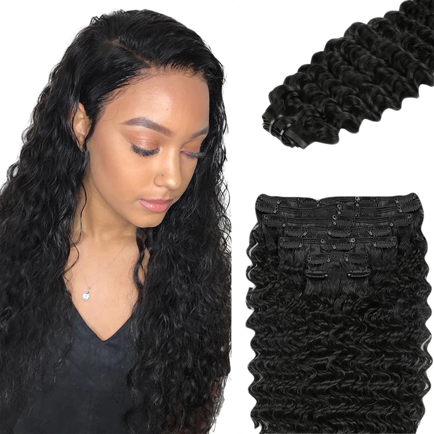 Photo 1 of 1B Deep Wave Clip in Hair Extensions - 26 Inch Natural Black Human Hair, 120g 7pcs,#1B Natural Black Deep Curly Clip ins for Women