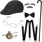 SATINIOR 7 Pcs 1920s Mens Costume 100 Days of School Costume Old Man Gangster Grandpa Accessories Cosplay Set