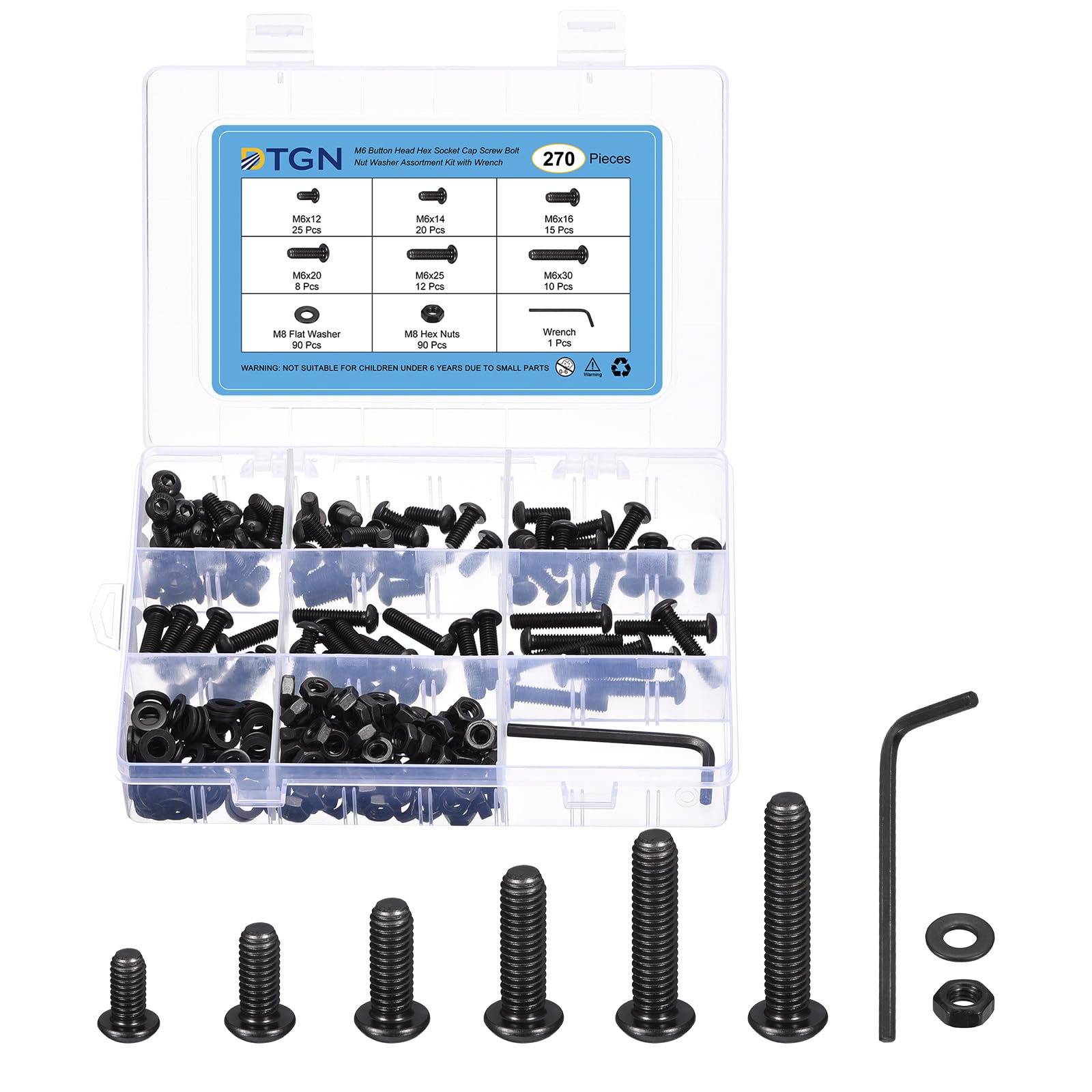 DTGN 270Pcs M6 Button Head Socket Cap Screws - Carbon steel Full Thread 12/14/16/20/25/30mm Bolt Nut Set Washer Assortment Kit & Wrench - Good for Machine, Furniture
