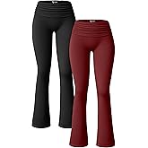 OQQ Women's 2 Piece Flared Pants Ribbed Fold Over Kick Ruched Stretch High Waist Casual Wide Leg
