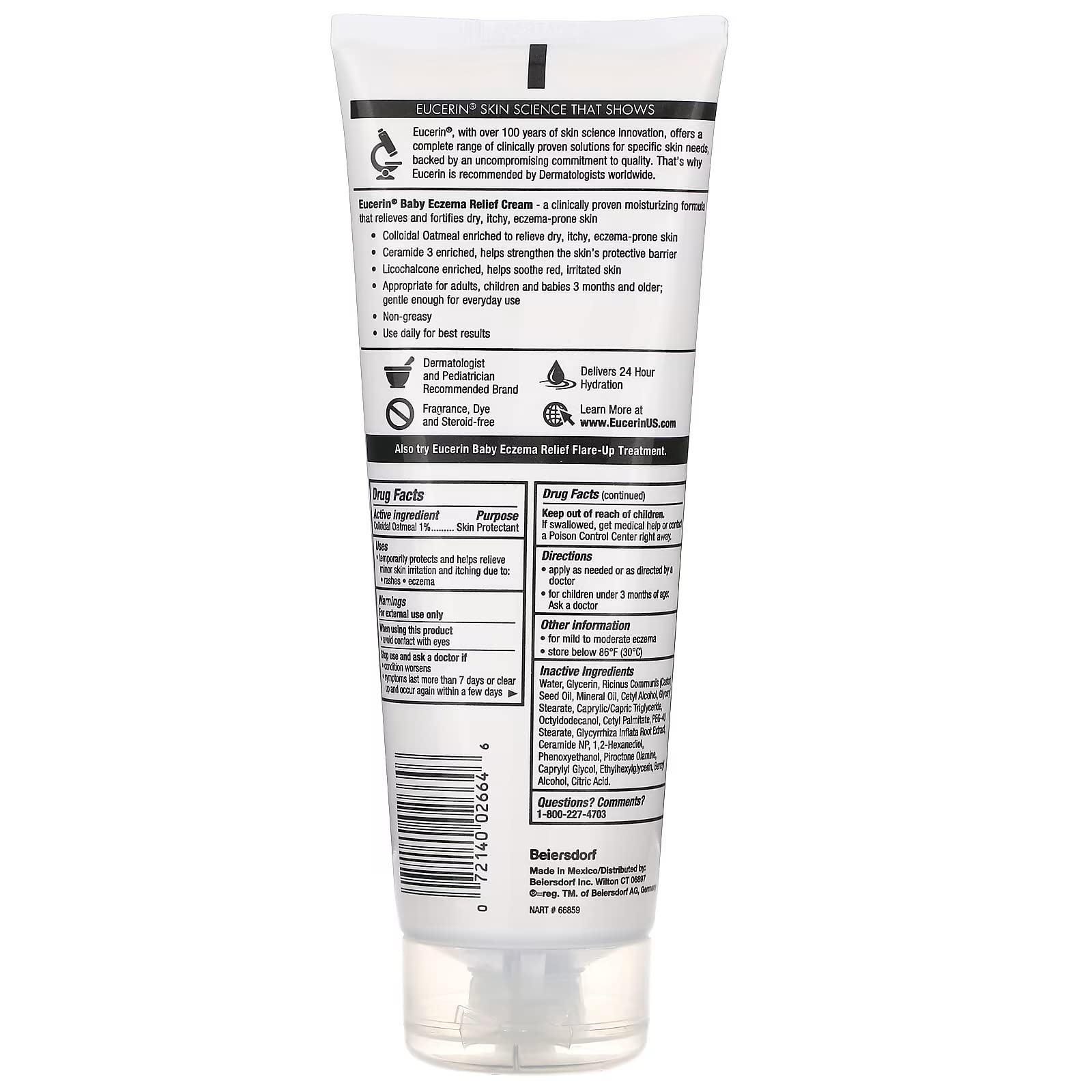 Eucerin Baby Eczema Relief Body Cream, Fragrance Free Baby Eczema Cream with Colloidal Oatmeal, Ceramide-3 and Licorice Root Extract, Holiday Gifts, 8 Oz Tube