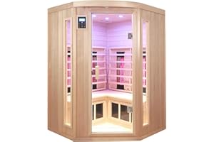 KUNSANA Infrared Saunas 2-3 Person, Ceramic Infrared Sauna for Home, Low EMF Indoor Home Sauna Spa, Ultra Large Size Corner Sauna, Hemlock Wood Sauna Room, Bluetooth Speakers, Chromotherapy Lights