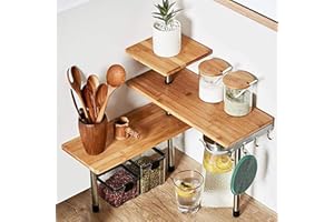 HYNAWIN 3 Tier Corner Shelf Bamboo & Metal Storage Spice Rack-Desk Bookshelf Display Shelves Space Saving Organizer -Adjustable Rack for Kitchen,Bedroom, Office-Creative Home Décor with Hooks