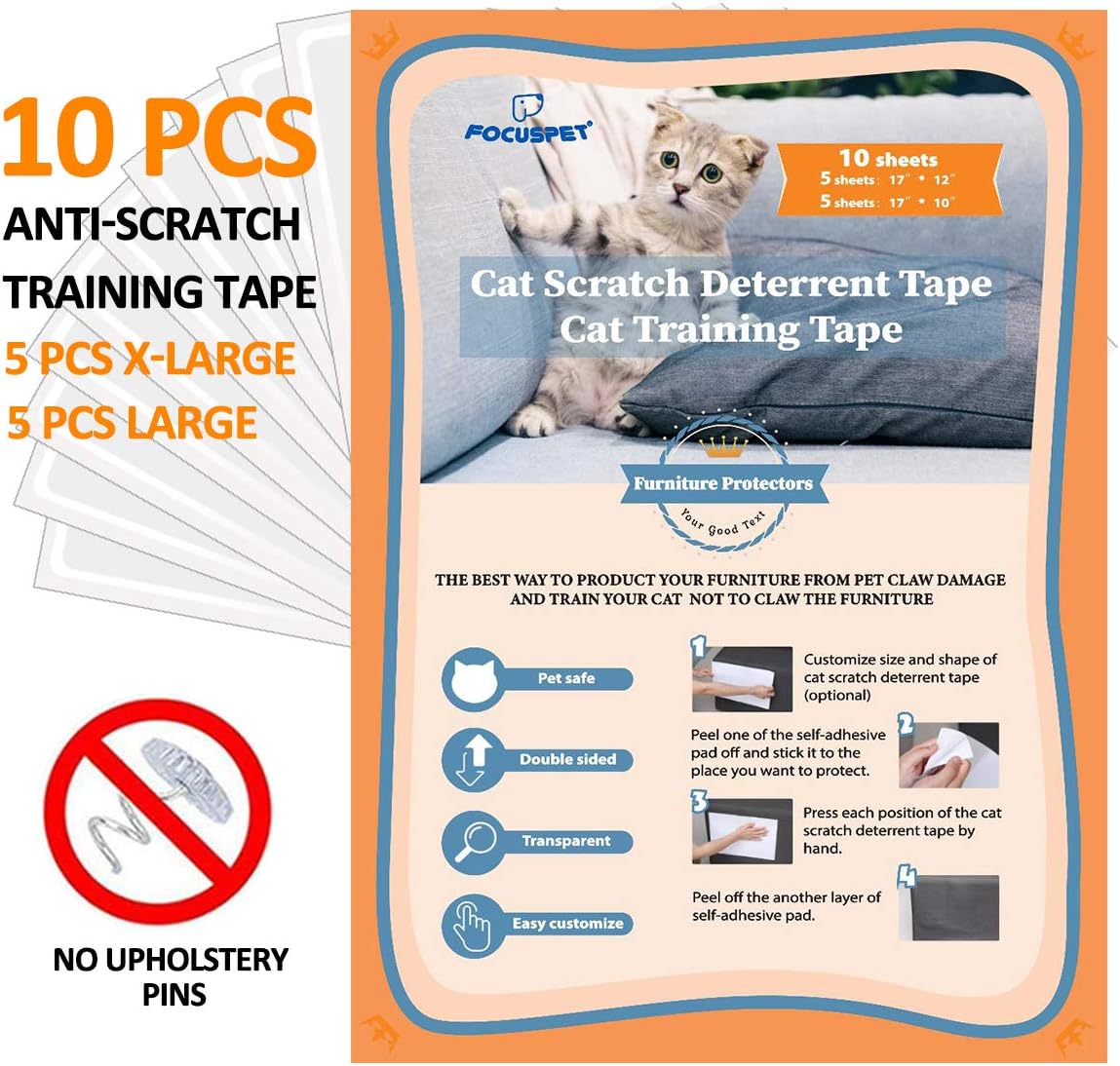 FOCUSPET Furniture Protectors from Cats 10pcs Cat Scratch Deterrent Sheet | Double-Sided Training Tape an-ti Pet Scratch for Couch Furniture Protector 5XL-17"x12" + 5L-17"x10" : Pet Supplies