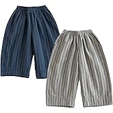 Ashmyova Casual Pants for Boys Girls Classic Linen Cotton Stripe Elastics Waist Spring Autumn Trousers Kids Long Pants 2Pcs