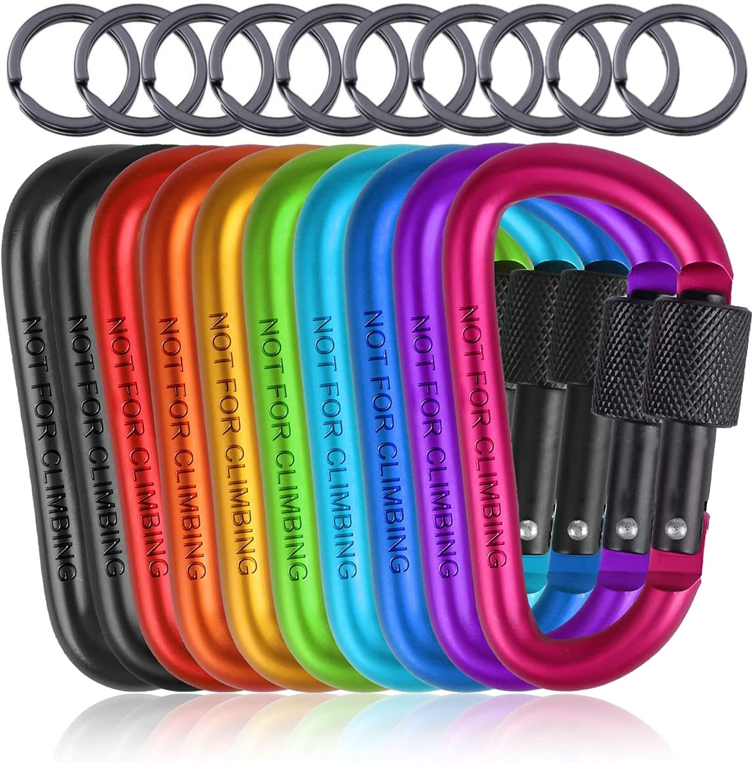 LATERN 20Pcs Locking Carabiner Clips, 8CM Aluminum D-Ring Keychain Clips Locking Security Carabiner with 20Pcs Key Rings for Outdoor Camping Fishing Hiking Backpacking (10 Colors)