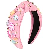 Gmmidea Candy Knotted Headbands for Women Cute Rainbow Lollipop Ice Cream Charm Headband Beaded Wide Top Knot Birthday Girl Hairband Funny Back to School Hair Accessories