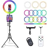 10" Selfie Ring Light with 73" Tripod Stand & 1 Phone Holder, LED Camera Ringlight with 48 RGB Colors Modes & Musical Rhythm Mode and 12 Brightness Dimmable for TikTok/Makeup/Photography/Vlog