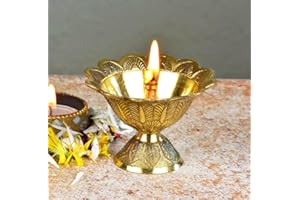 4OUR FAITH Brass Lotus Akand Diya – Traditional Indian Golden Oil Lamp for Diwali Pooja & Home Temple Decoration, Handmade Engraved Virgin Brass Metal for Thanksgiving & Festivals – 3.25 Inch (Pack of 1)