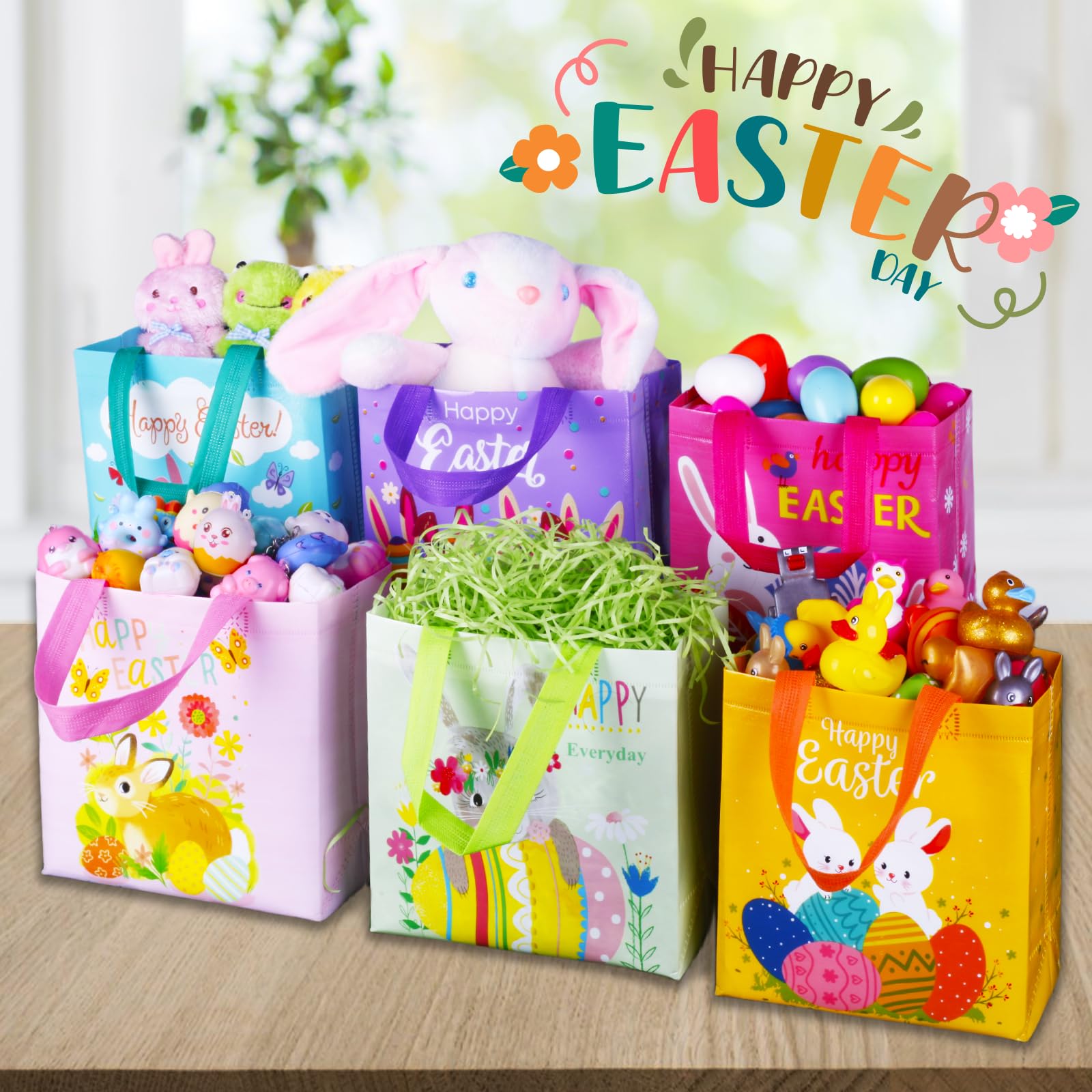 Happy Easter Gift Bags with Handles, Bunny Carrot Chick Designs, Reusable Non-Woven Treat Bags for Party Favors, Gift Wrapping, Easter Basket Container, 9.1×8.7×4.5 inch, 6-Pack
