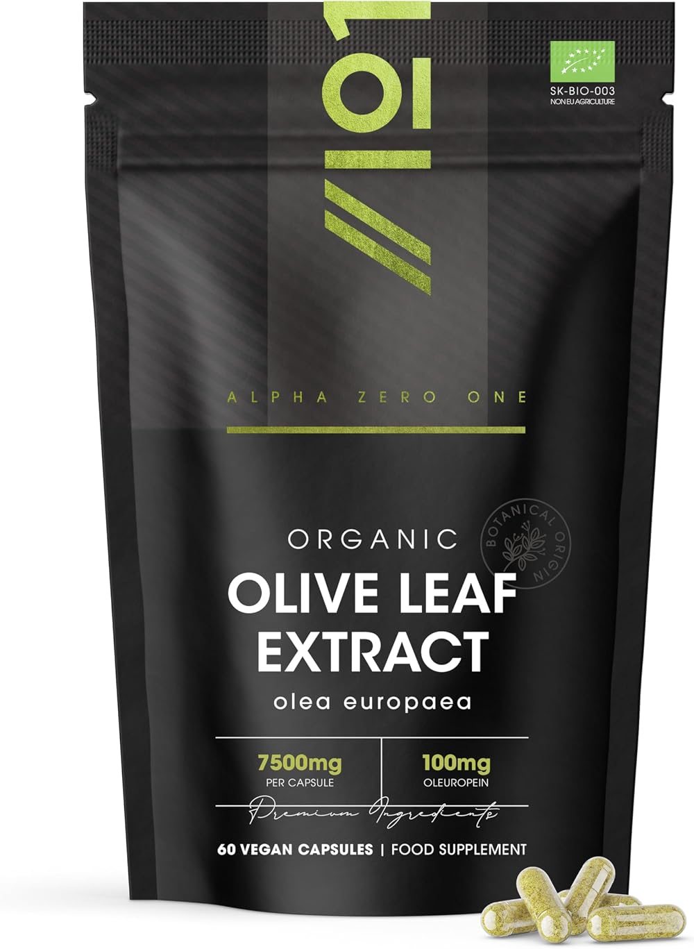 ALPHA01 Organic Olive Leaf Extract 7500mg 20% Oleuropein 60 Veg Capsules