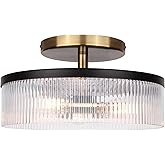 Canarm Jenner 3-Light Semi-Flush Mount Ceiling Light, 15-Inch Matte Black and Gold Finish with Ribbed Glass, Contemporary Lig