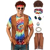 Treature Hippie Costume for Men 60s 70s Outfits for Men Tie Dye Shirt Set Fringe Carnival Vest Wig Tie Dye Headband for party