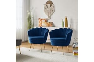 HULALA HOME Modern Velvet Accent Chairs Set of 2 with Shell Shaped Back, Cute Living Room Bedroom Armchairs with Gold Legs, Comfy Upholstered Vanity Chairs for Makeup Room, Navy