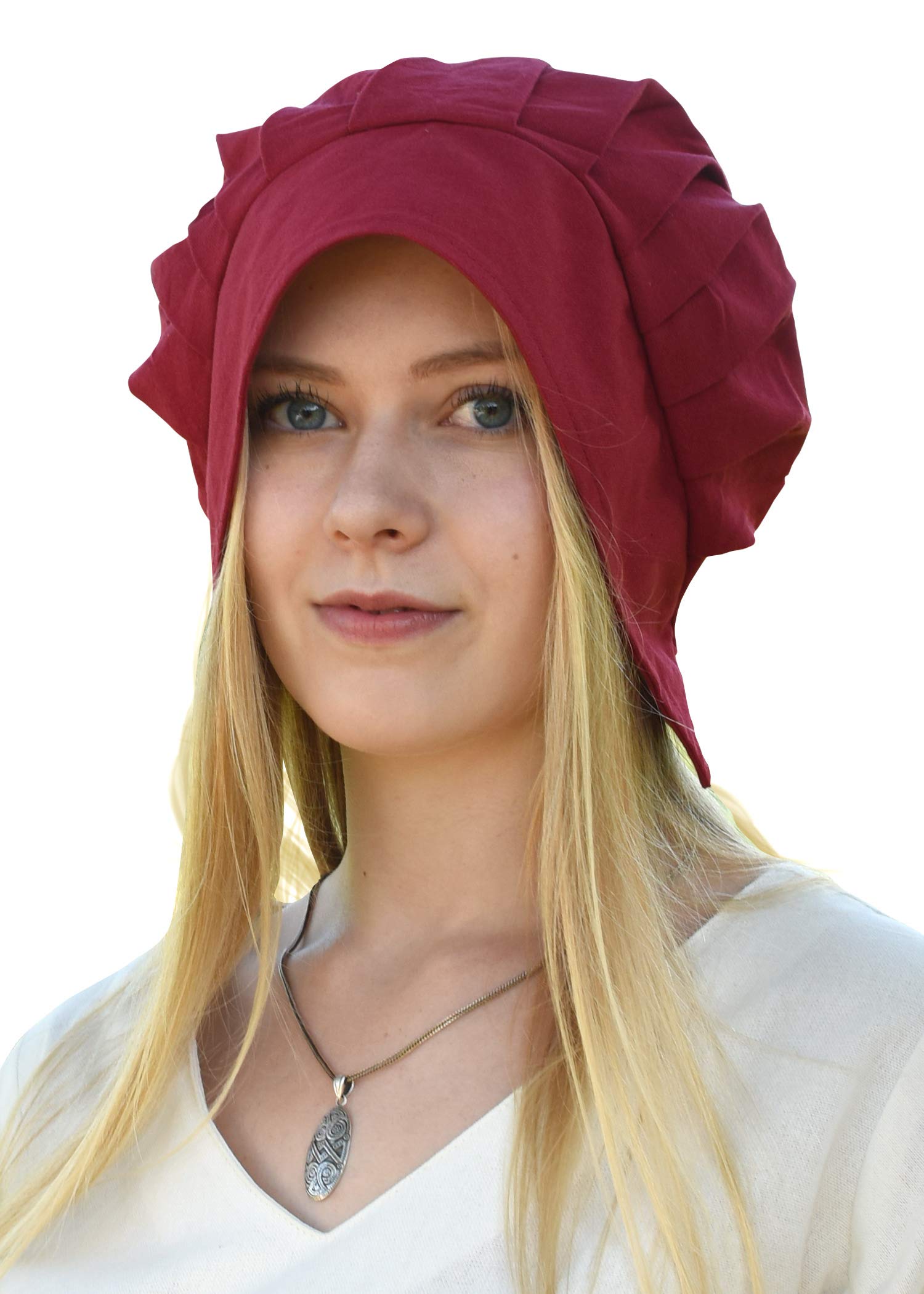 Battle-Merchant Pleated Medieval Coif for Women - Bonnet - Medieval Headwear - Red