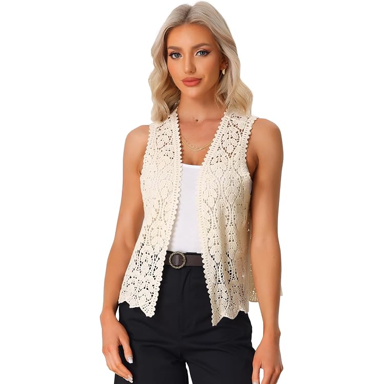 GORGLITTER Women's Crochet Vest Top - Button Down Deep V Neck Sleeveless (Apricot)