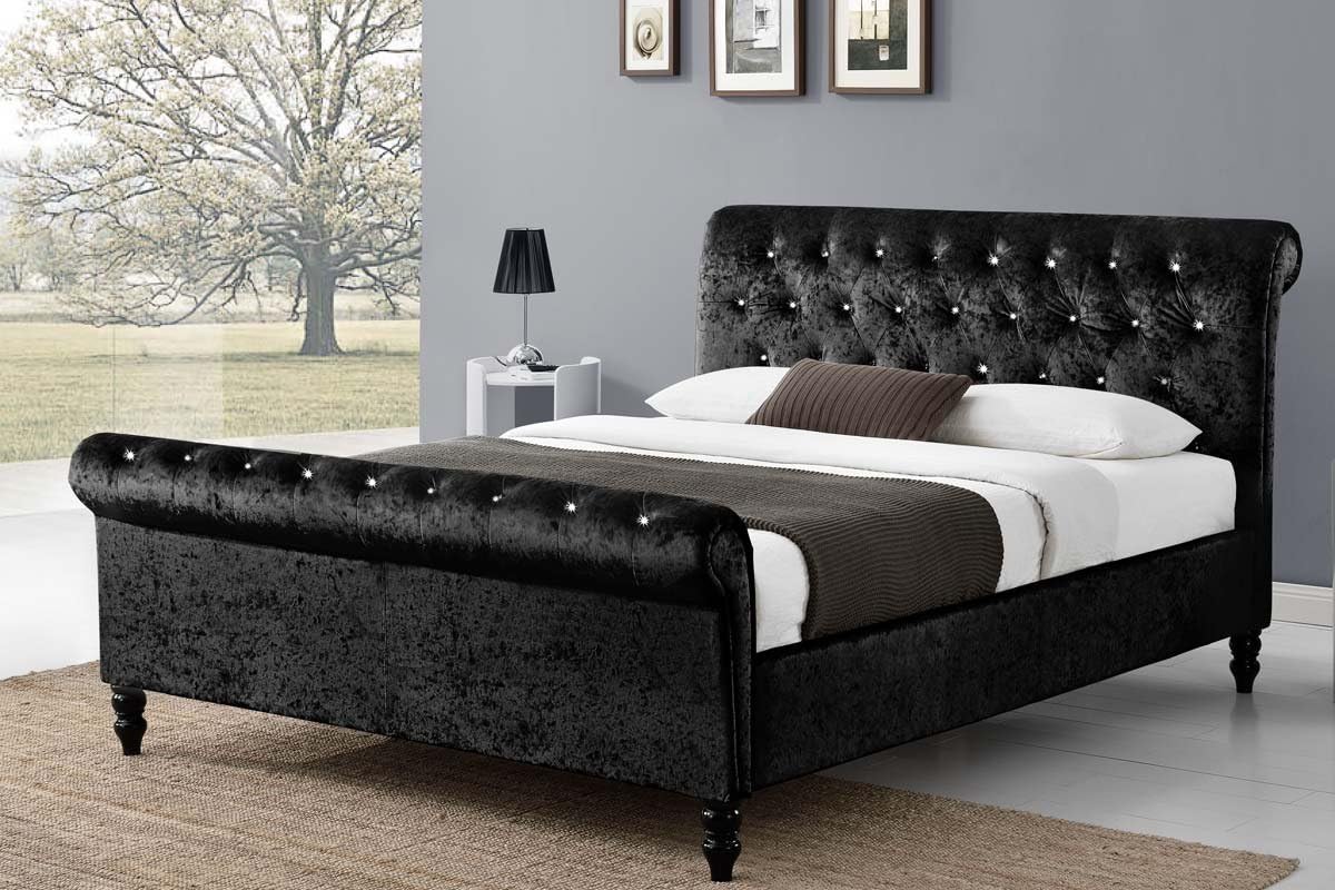 St James Crushed Silver Or Black Velvet Fabric Upholstered Diamante Scroll Headboard Sleigh Bed Frame Double King Size By Sleep Design Double 4ft6 Black Amazon Co Uk Kitchen Home
