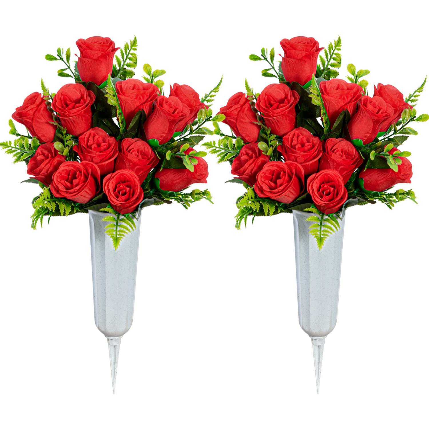 SIFOEL Artificial Cemetery Flowers with Vase, Artificial Rose Bouquet Grave Memorial Flowers for Cemetery Headstones Decoration (Red-2Pcs) — image 1