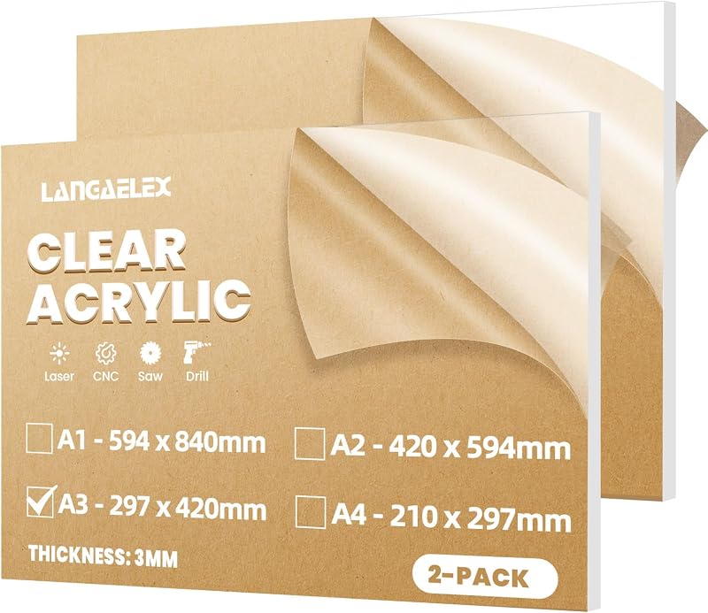 Langaelex 2 Pack A3 Clear Cast Acrylic Sheets 297 x 420 mm 3 mm Thick