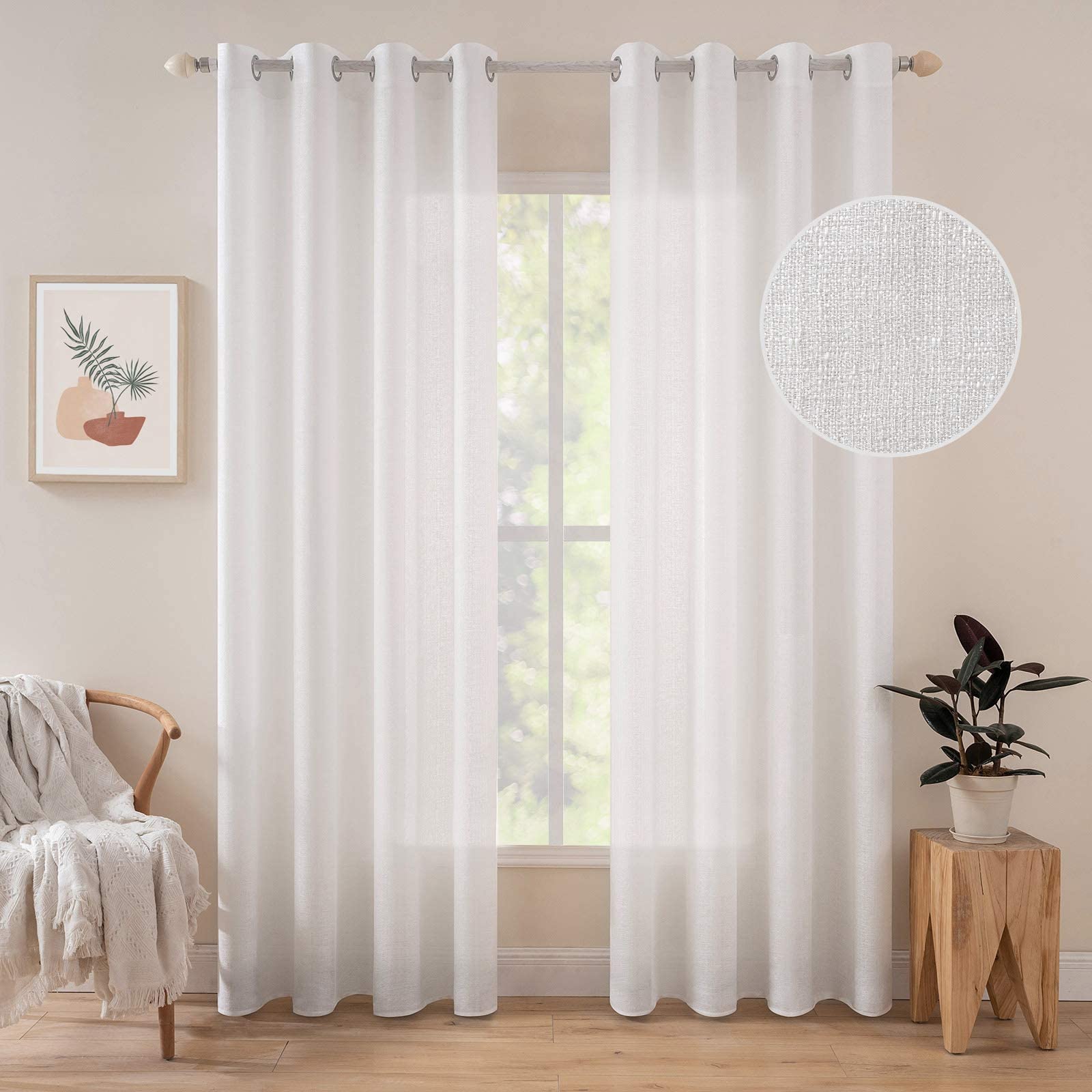 MIULEE 2 Panels Christmas Curtains Voile Sheer Curtains Cross Linen-like Solid Color Contemporary Decorative Ring Top Eyelet Panels for Bedroom Livingroom Nursery Room White 55" Wx96 L