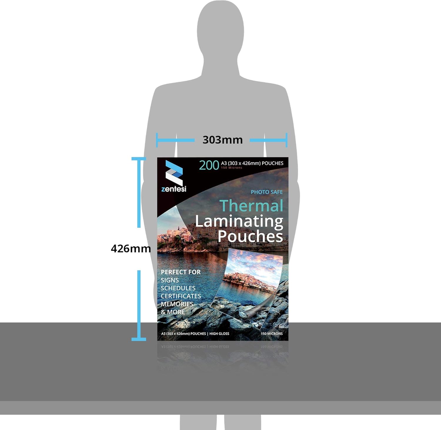 Zentesi A3 Laminating Pouches High Gloss Laminator Sheets 150 Micron