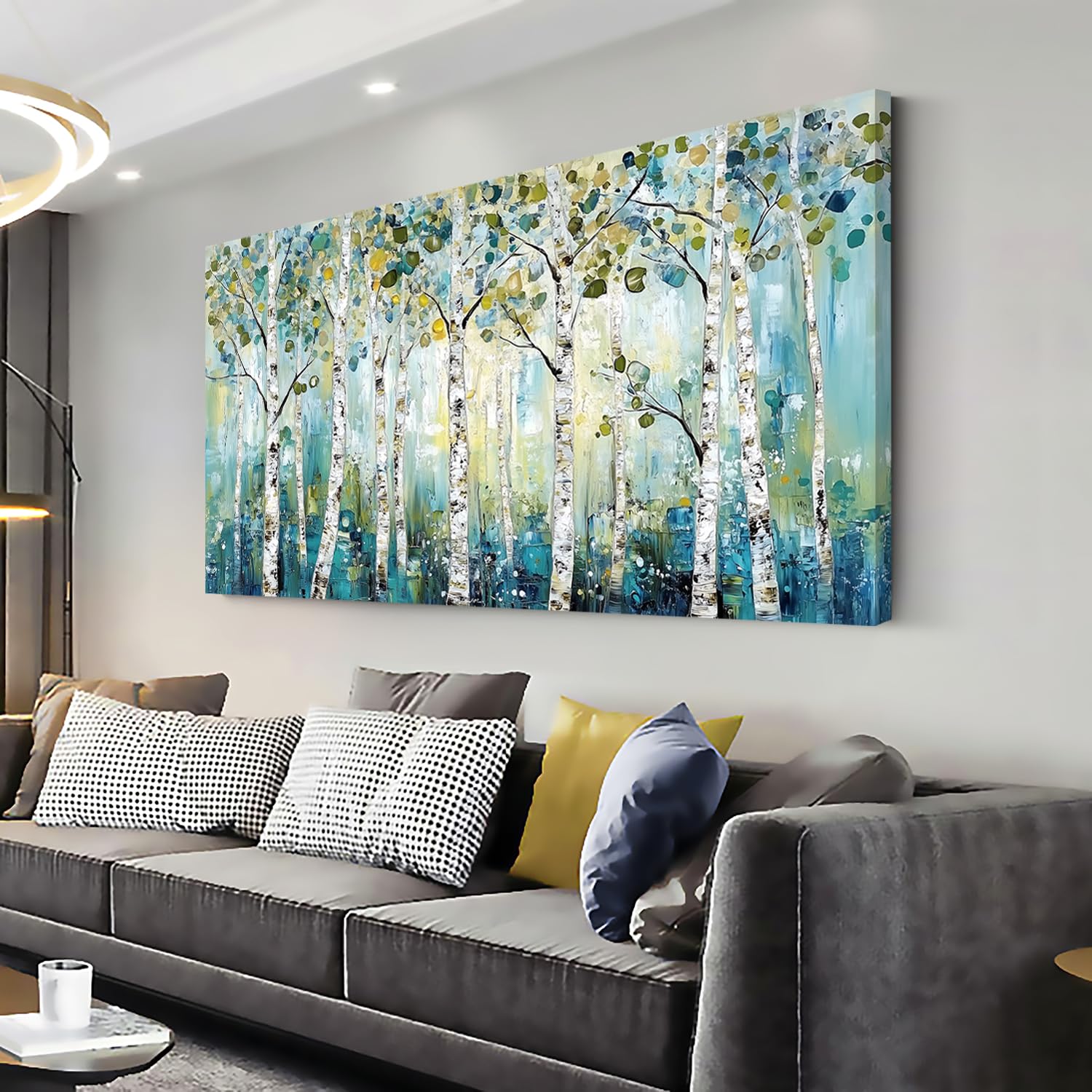 Photo 1 of LASMOND Abstract Teal Grove Canvas Paintings Prints Modern Tree Wood Artwork Decor Wall Art for Living Room Bedroom Offices (58x28 Inches)