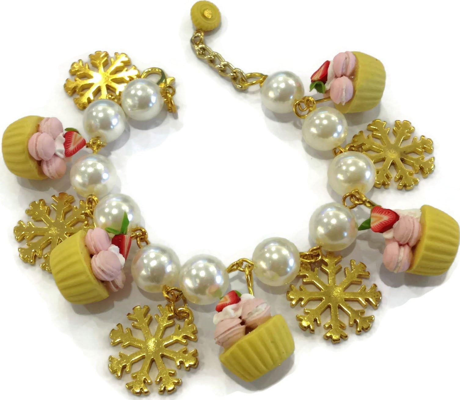 Sweetietiny Sweet Cupcake Macaron Pink Tone Polymer Clay Snowflake 6.5inch Charm Bracelets