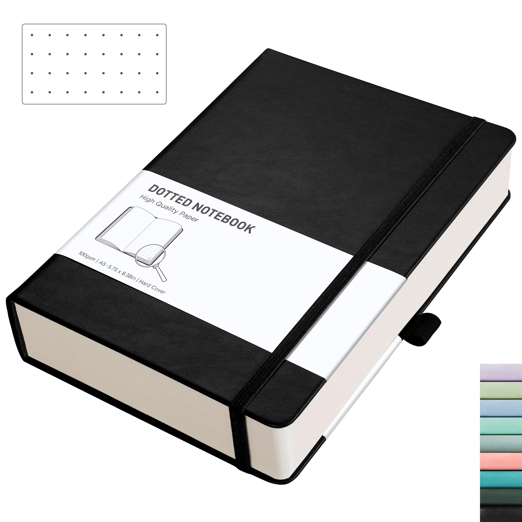 RETTACY A5 Bullet Dot Grid - Dotted Notebook With 320 Numbered Thick Journal Leather Hardcover 100gsm Paper Pen Holder, Inner Pocket, 2 Free Journal Stencils 14.5 x 21cm - Black — image 1