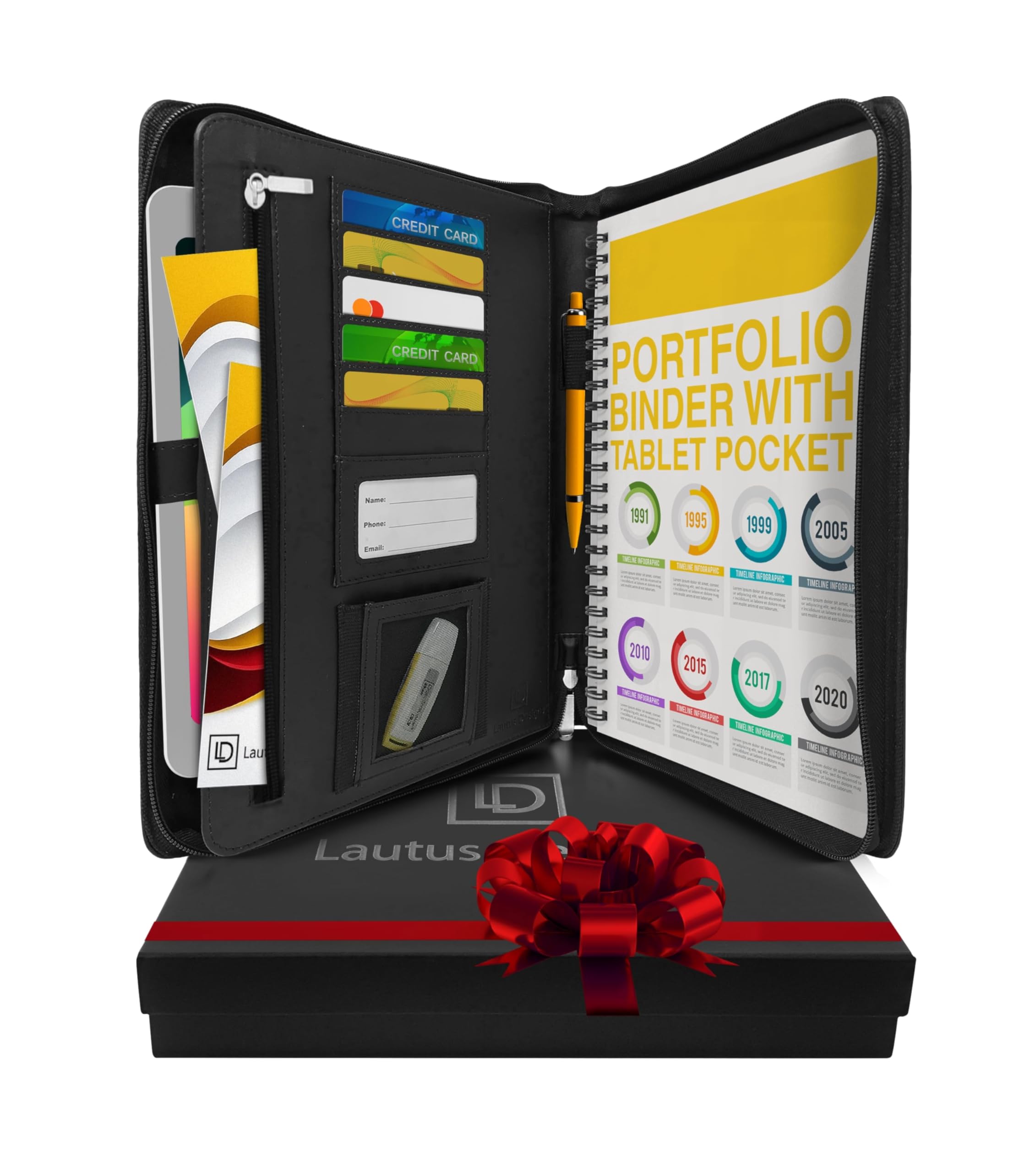 Black A4 Conference Folder - Zippered PU Leather Portfolio Folder for Men & Women with A4 Notepad, 10.5 Inch Tablet Pocket & Gift Box by Lautus Designs