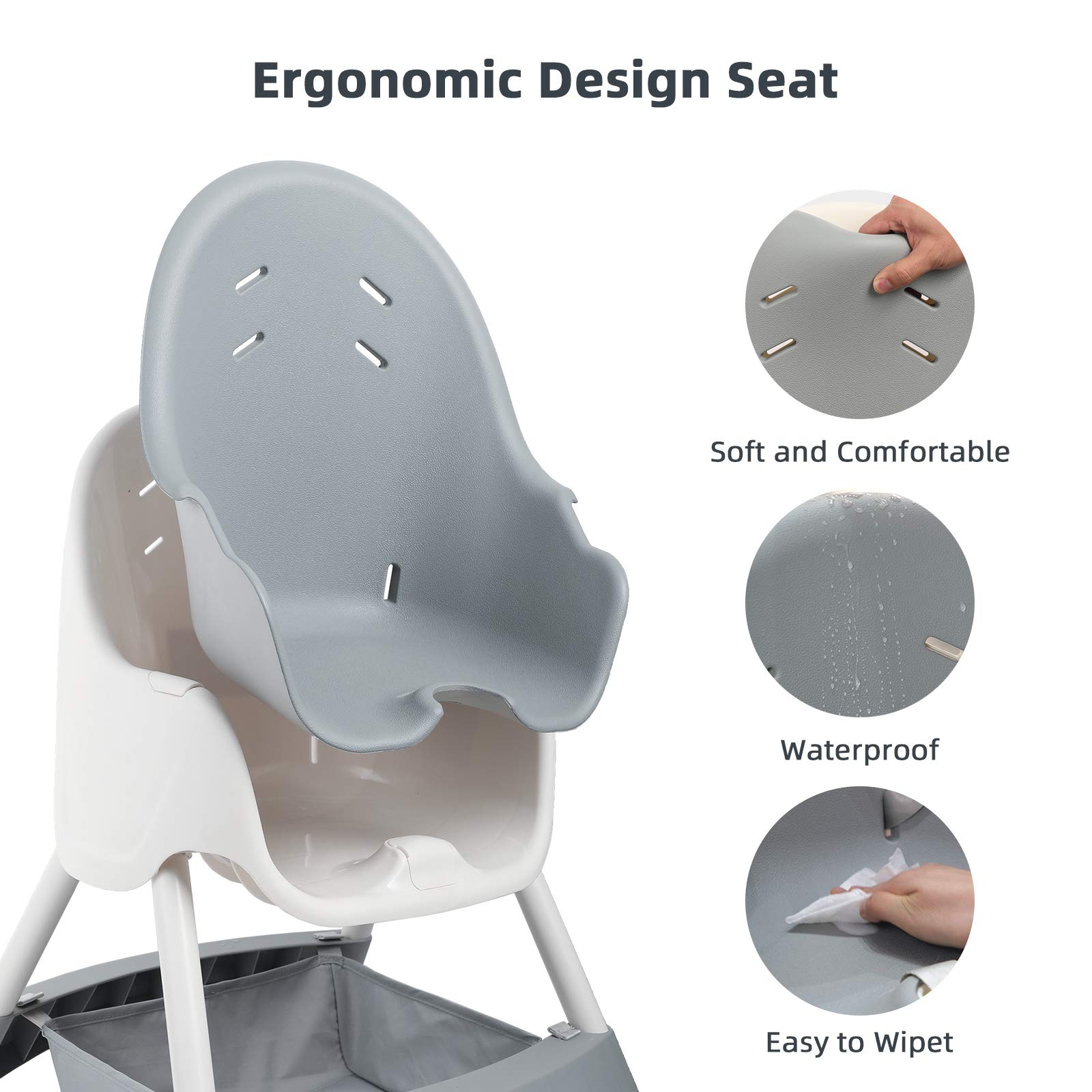 KESAIH High Chair, Height Adjustable High Chairs for Babies and Toddler with Easy-Clean Pu Cushion, Removable Tray, Adjustable Feet, 5 Point Safety Harness, Modern Toddler High Chair （Grey）