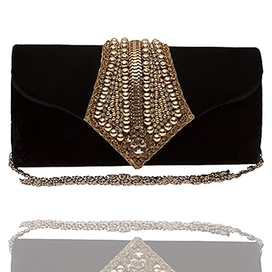 Unibrand Womens Clutch Stone on golden diamond strap & golden beads Designer Handmade Box Clutch (BlacK) by The Indian Handicraft Store (With Freebie)