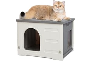 Rockever Plastic Cat House Outdoor with Escape Door, Waterproof Feral Cat House Outdoor Indoor, Sturdy Cat House for Outdoor Cats, Assemble Easily-Grey