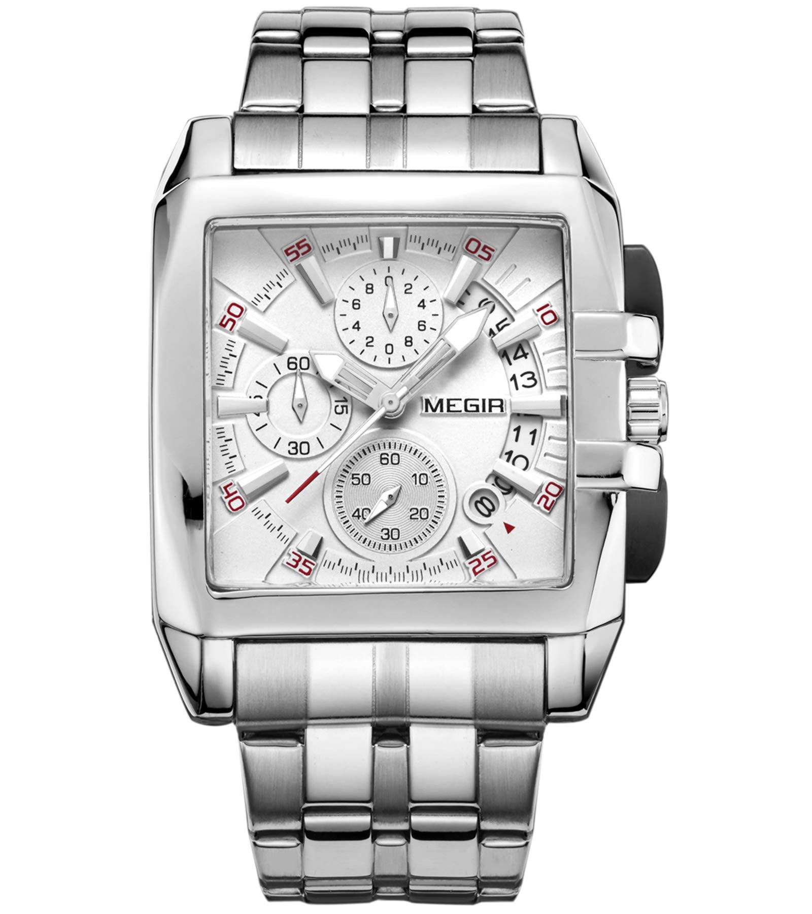 MEGIR Men's Rectangular Fashion Stainless Steel Waterproof Quartz Analogue Business Watch Chronograph Watch for Men, Silver, Bracelet