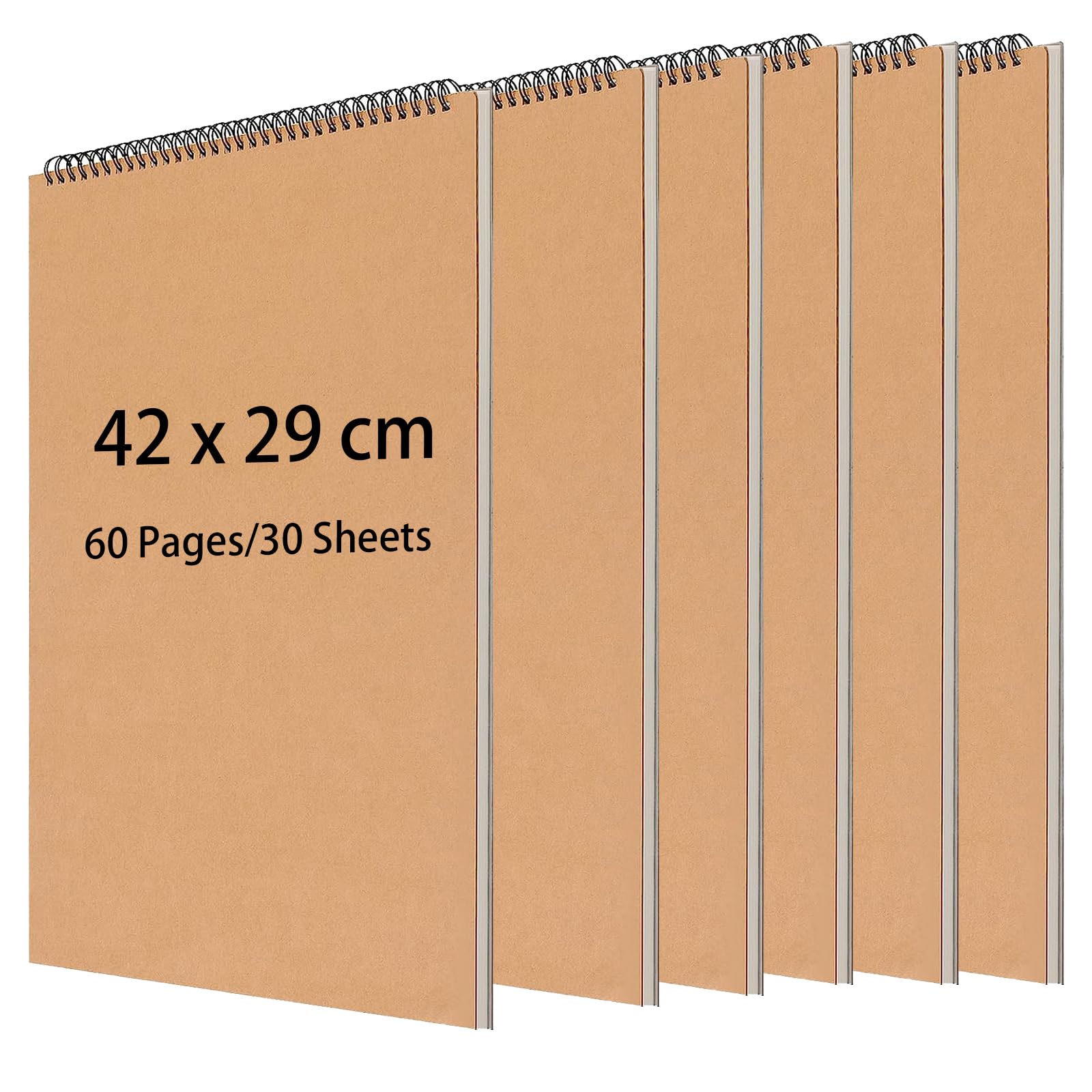 ZOENHOU 6 Pack A3 Sketch Book, 60 Pages/30 Sheets Spiral Bound Sketchbook, A3 Landscape Art Sketchbook, A3 Drawing Pad for Artists, Brown