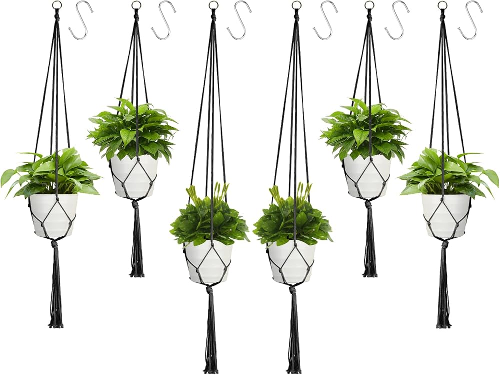 Koitoy 6 Pack Macrame Plant Hangers Black Cotton Rope Indoor Outdoor