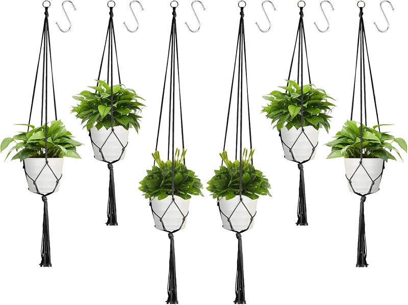 Koitoy 6 Pack Macrame Plant Hangers Black Cotton Rope Indoor Outdoor