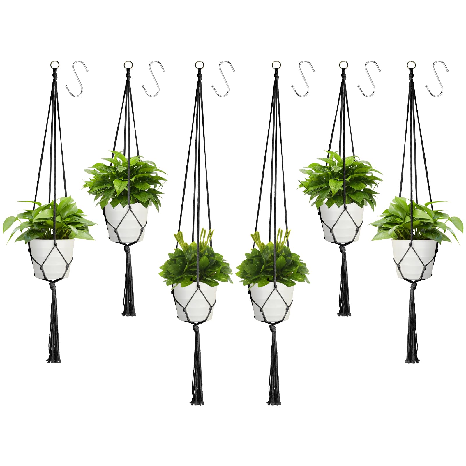 Macrame plant hanger, 6 Pack Black Indoor Outdoor Hanging Planter Flower Pot Basket Hanging Cotton Rope Handmade Wall Hanging Plant Holders (60cm *2, 80CM *2, 100cm*2)