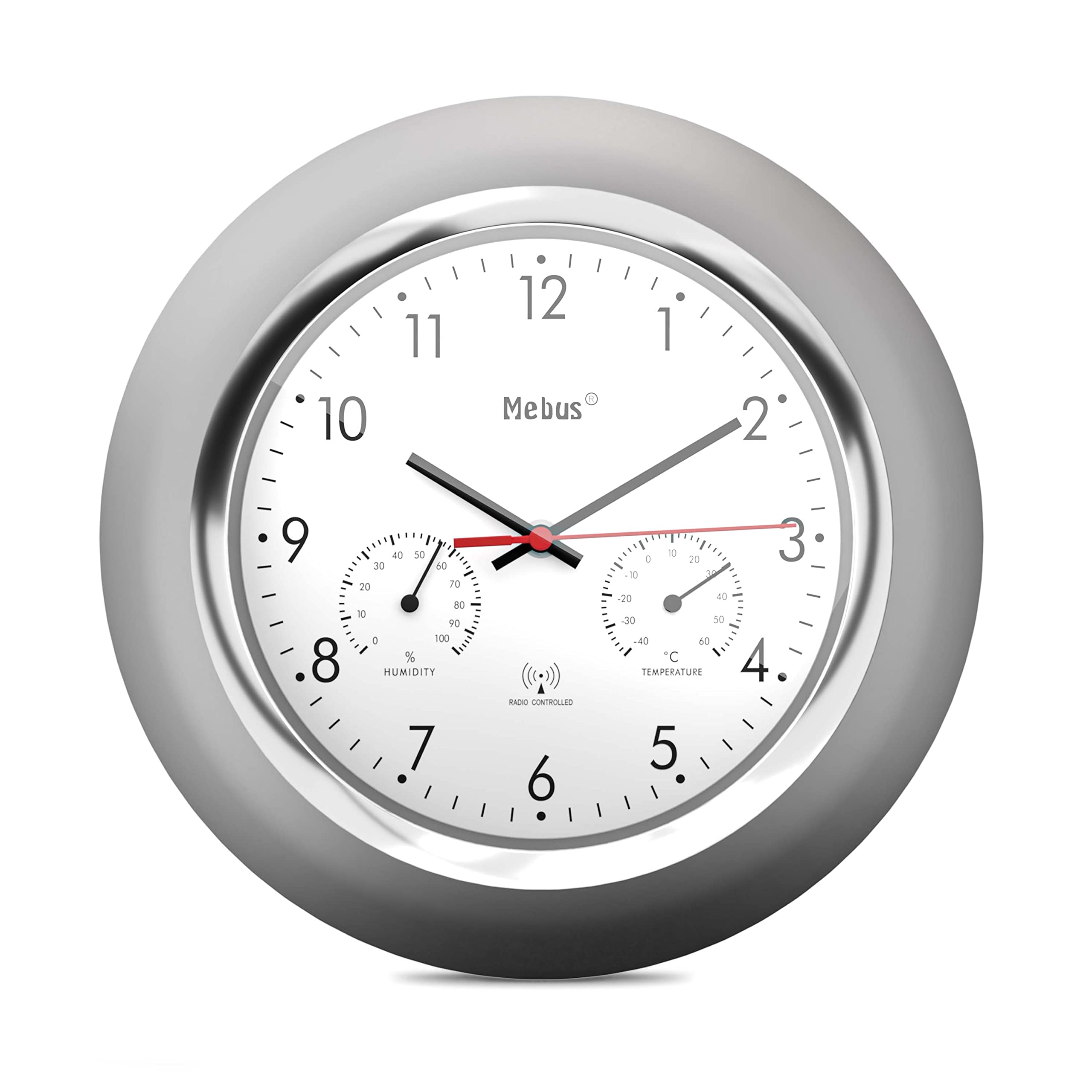 Mebus Radio-Controlled Wall Clock with Thermometer and Hygrometer/Silver Frame/White Dial/24 cm Diameter/Round/Model: 19454/Colour: Silver, White