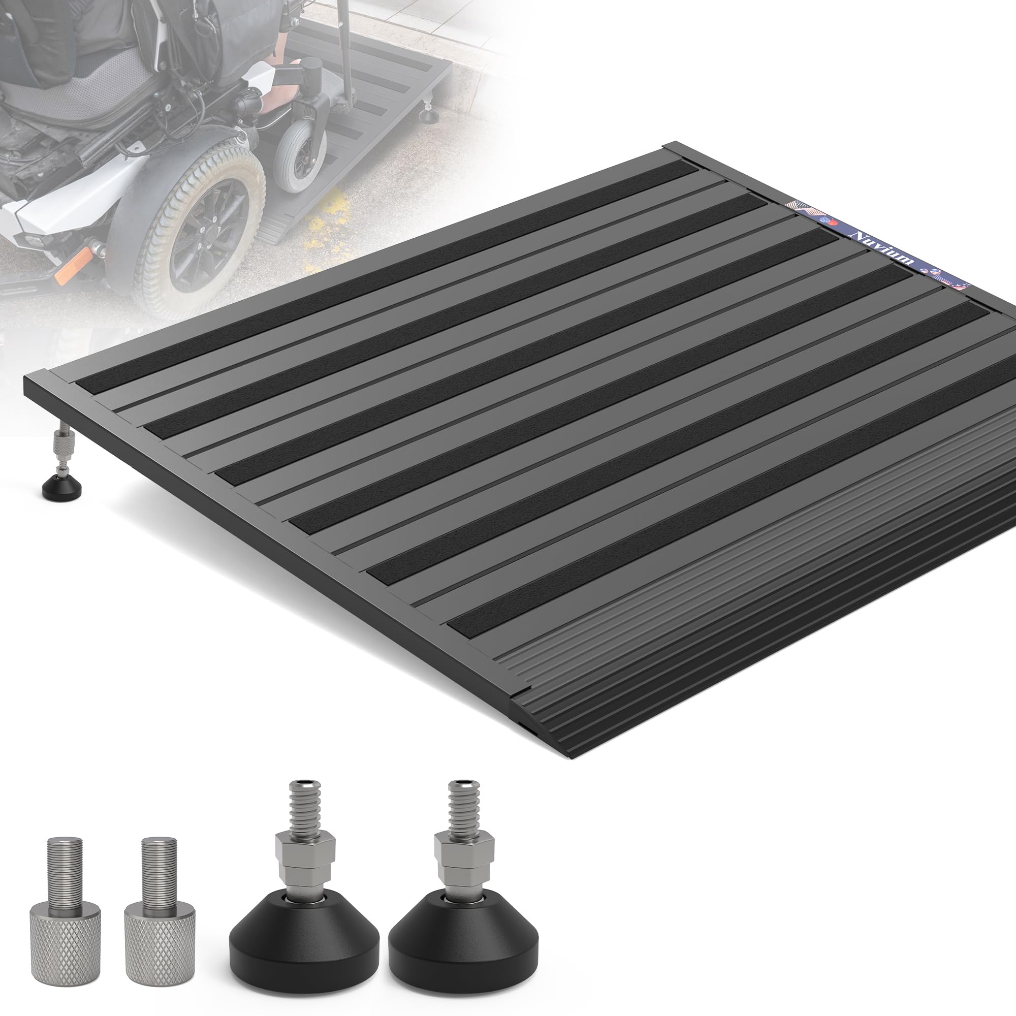 Photo 1 of Nuvium Threshold Ramp for Doorways, 1100lbs Load Capacity, Adjustable Height 3.5"-5.9" Aluminum Wheelchair Ramp with Heightening Screws and Swivel Angle Leg, 30”Wide Curb Ramp for Trolley,Power Chairs