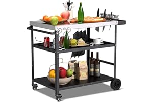 Spurgehom Outdoor Grill Cart, Pizza Oven Stand Table with Wheels Dining Cart for Outside Patio, Movable Kitchen Cooking Prep Table BBQ Cart with Mesh Racks for Home Party, Bar, Camping