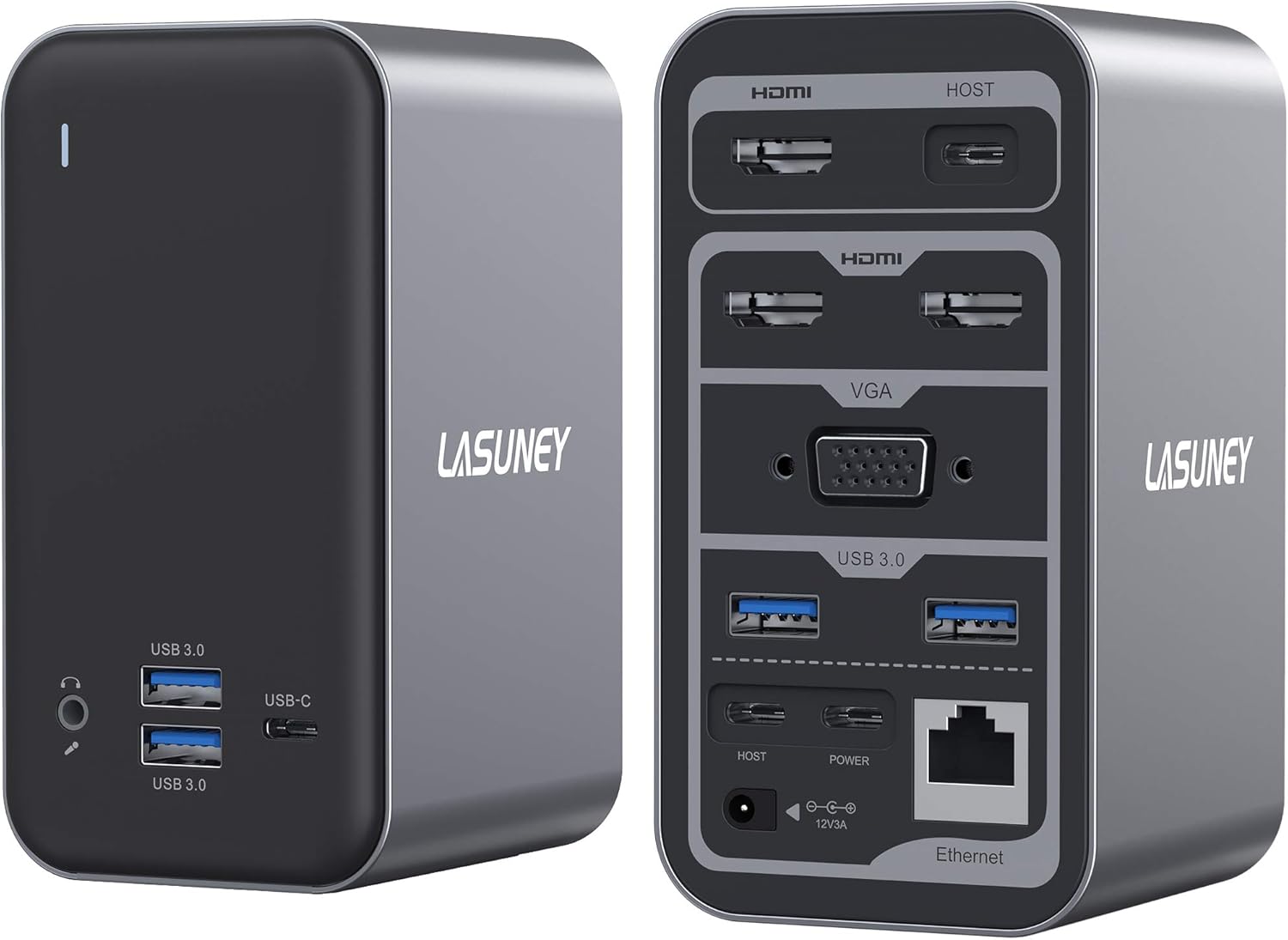 Lasuney 15 in 1 Multiple Display USB C Laptop Docking Station (3 HDMI, VGA, Ethernet, 2 USB-C in Ports for Connecting Two laptops, 4 USB-A and 2 USB-C Ports for Charging and Data, Audio/mic, AC/DC)