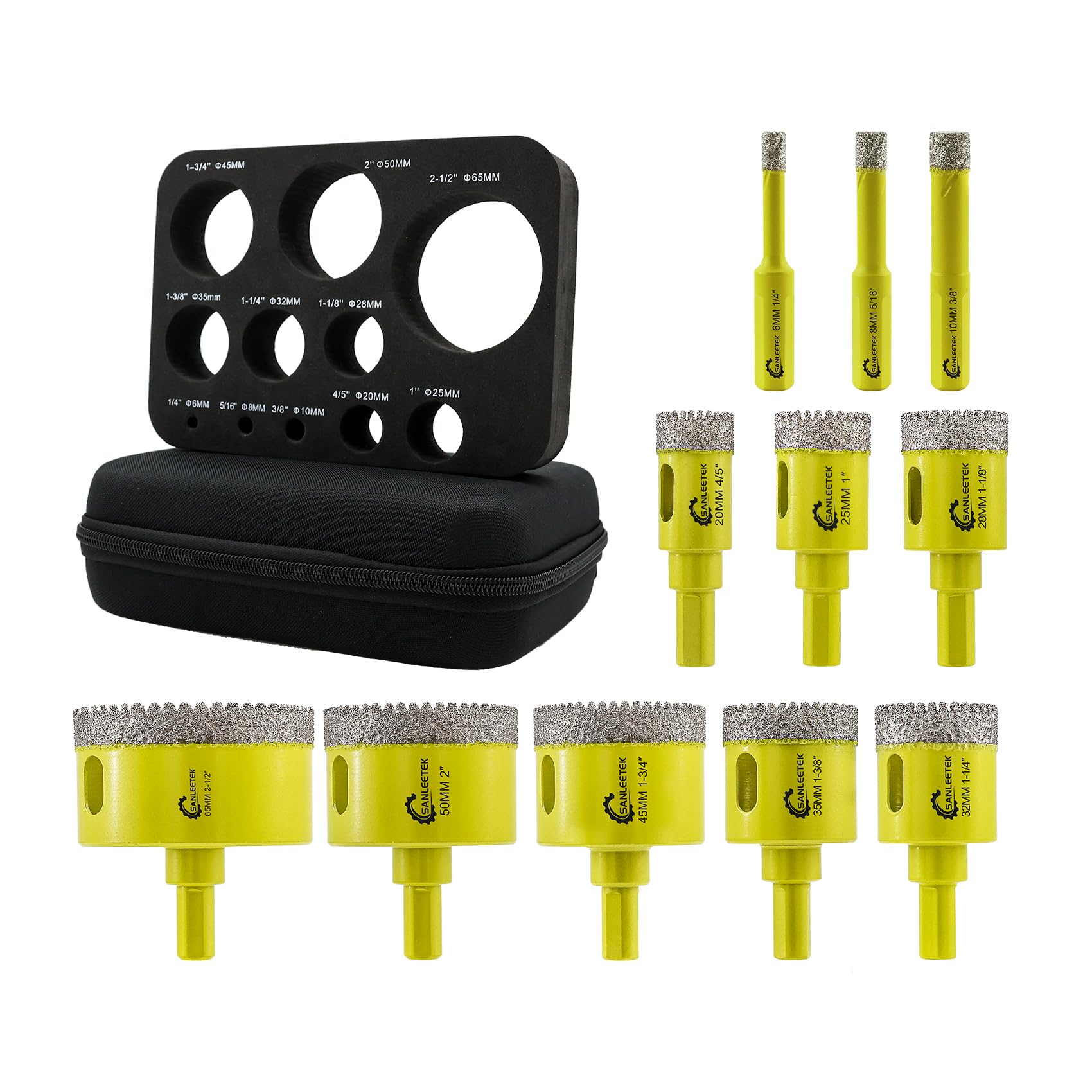 Diamond Core Drill Bits Set - 11pcs 6/8/10/20/25/28/32/35/45/50/65mm Serrated Hole Saw Kit with Triangle Shank SANLEETEK for Ceramic Tile Porcelain Marble Granite