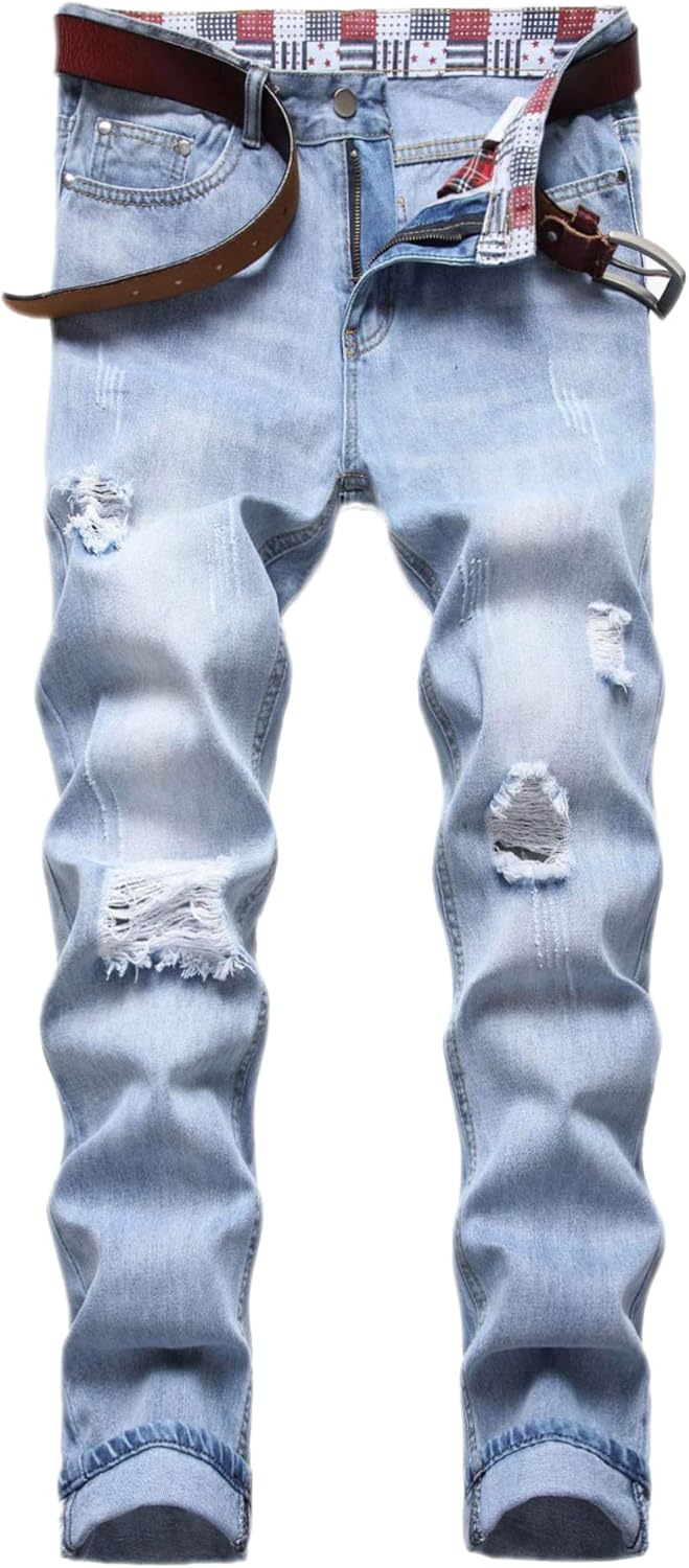 Enrica Men's Ripped Distressed Destroyed Straight Fit Washed Denim Jeans